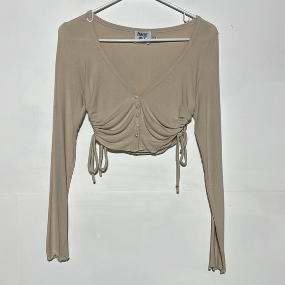 Princess Polly Cream Deep V Button Down Side Ties Stretchy Long Sleeve Crop Top - Picture 2 of 8